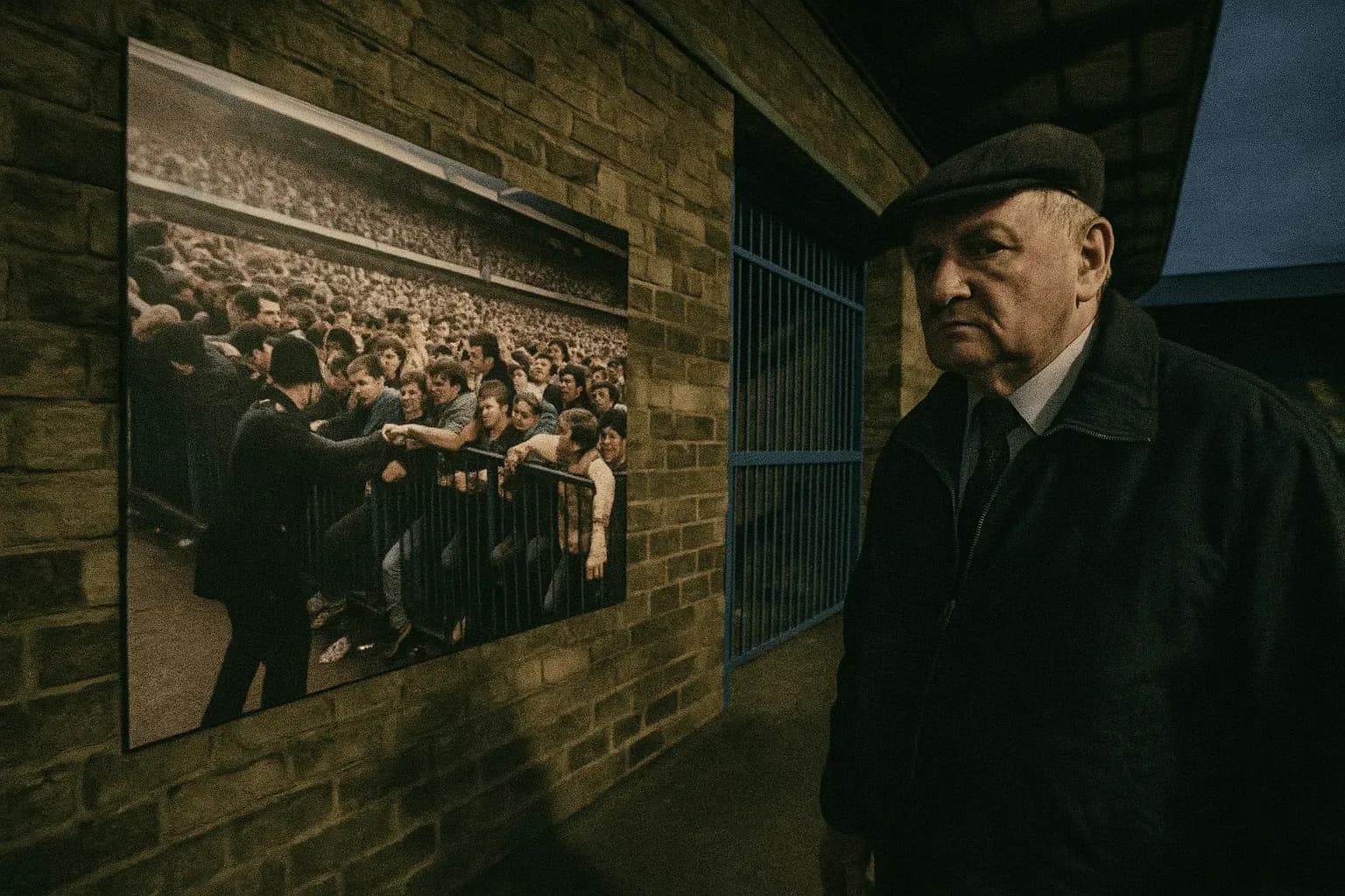 A figure resembling David Duckenfield stands near an archival photo at Hillsborough Stadium's Leppings Lane entrance, evoking memories of the crowd congestion on April 15, 1989.