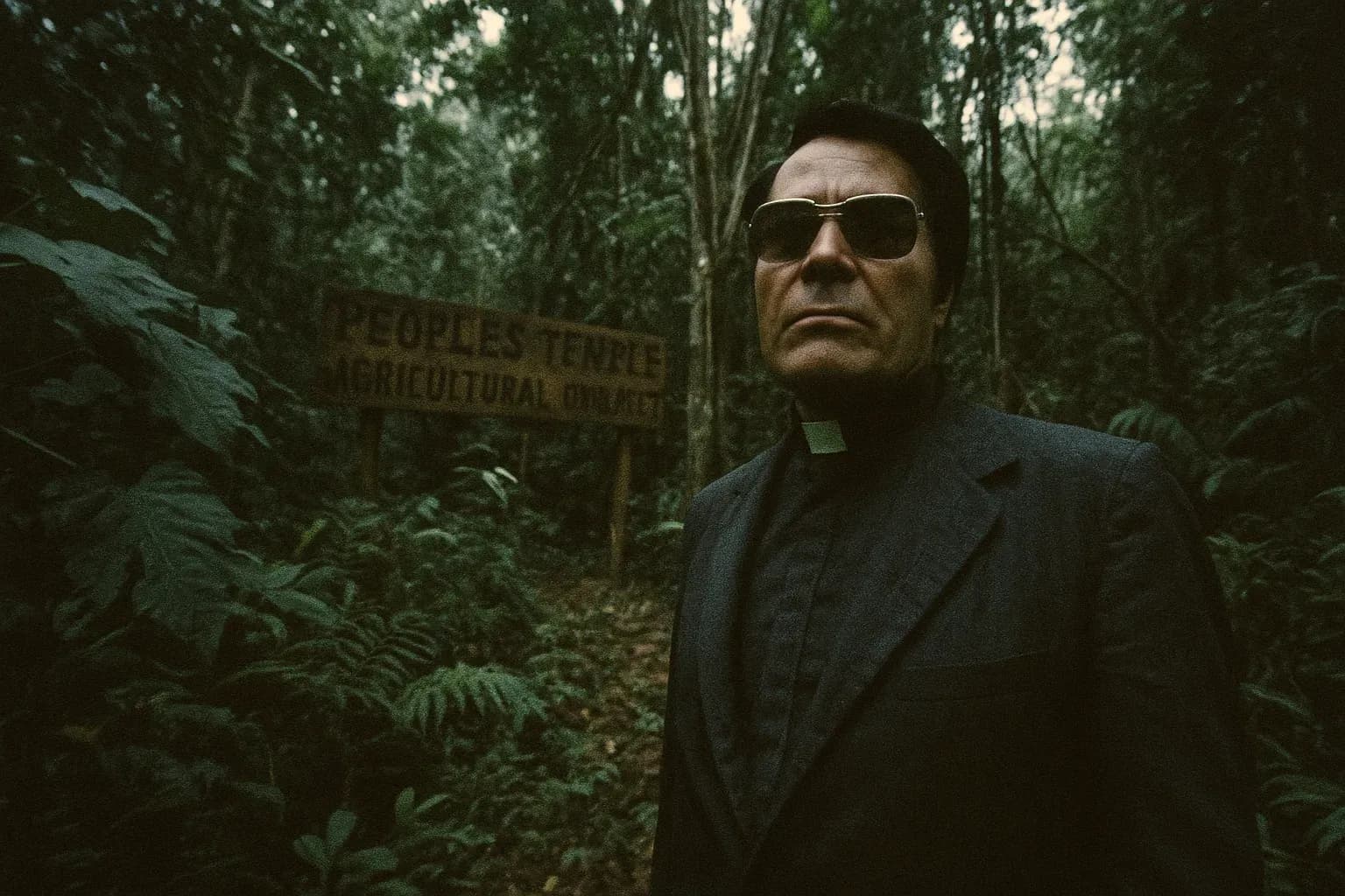 A figure resembling Jim Jones, wearing sunglasses and a clerical collar, stands amidst dense jungle foliage in Guyana. A wooden sign reading "Peoples Temple Agricultural Project" is partially visible behind the trees.