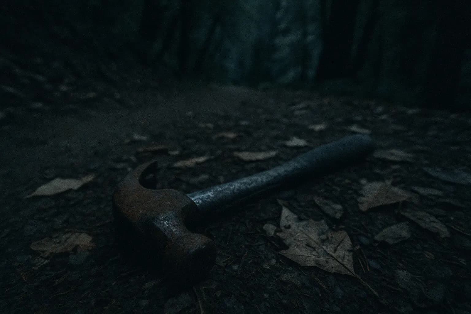 A rusty hammer lies on a wooded trail near Feather Falls, surrounded by scattered leaves, hinting at new evidence in the unsolved Keddie Murders.
