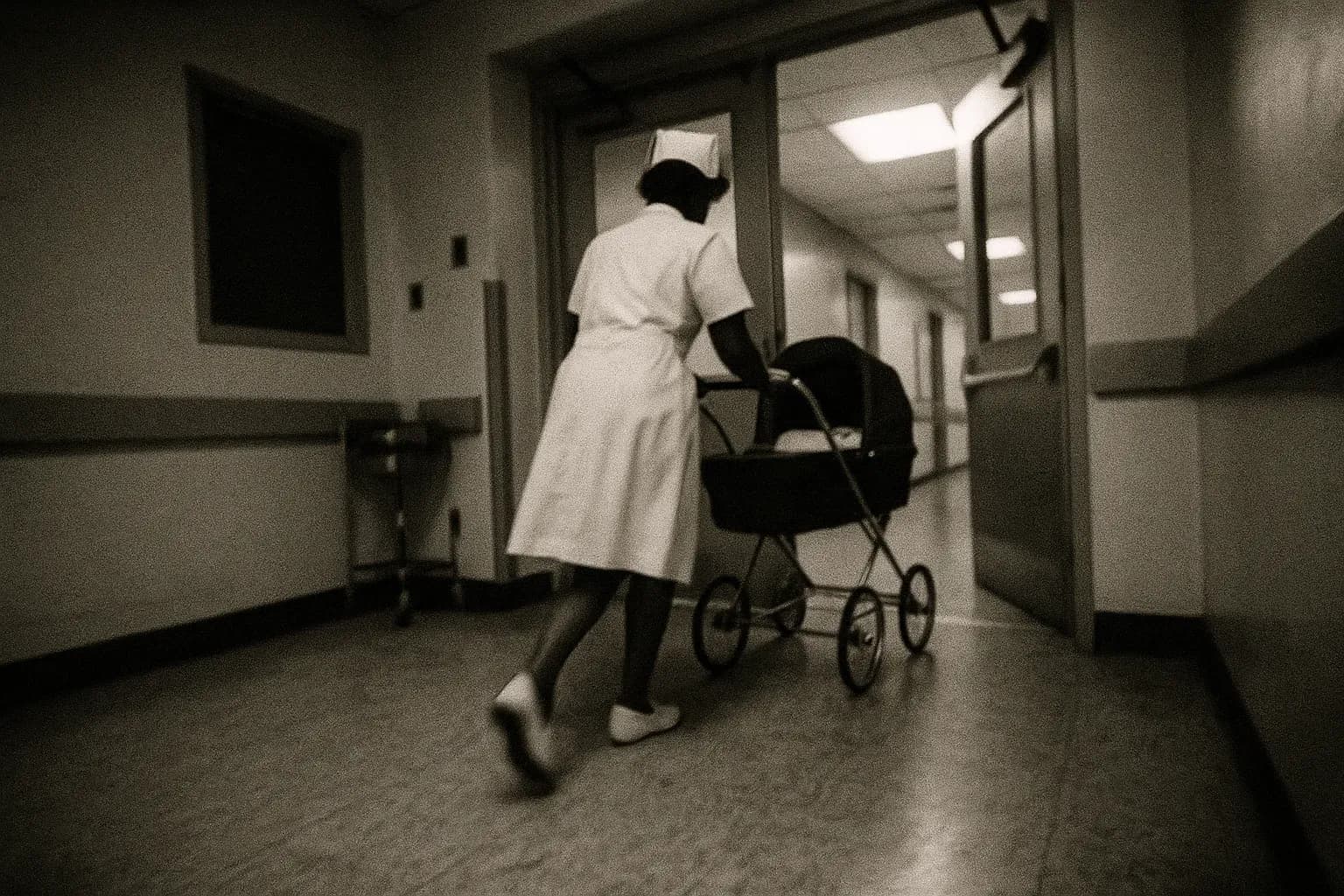 A hospital hallway in Harlem, 1987, with a figure resembling a nurse cautiously pushing a baby stroller through an exit, the rear view of her concealing both her identity and the sleeping infant inside the stroller.