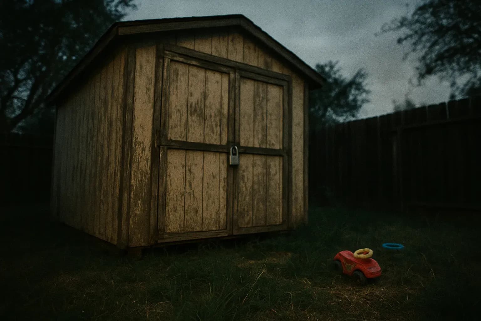 A weathered, padlocked shed stands isolated in a backyard in Antioch, California, surrounded by overgrown grass and remnants of children's toys scattered nearby.