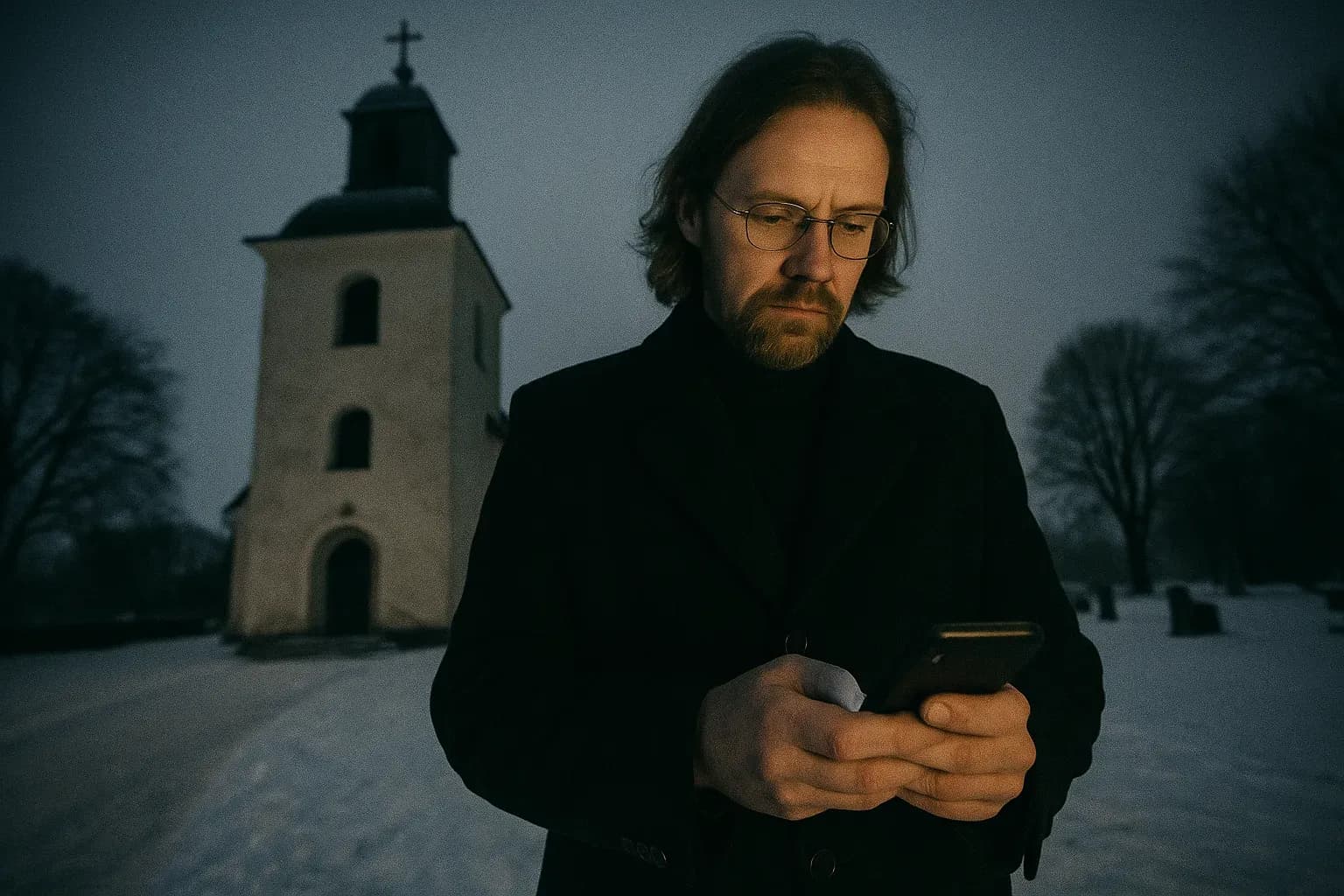 A figure resembling Helge Fossmo stands outside a Swedish village church, holding a mobile phone with a solemn expression, while snow blankets the ground.