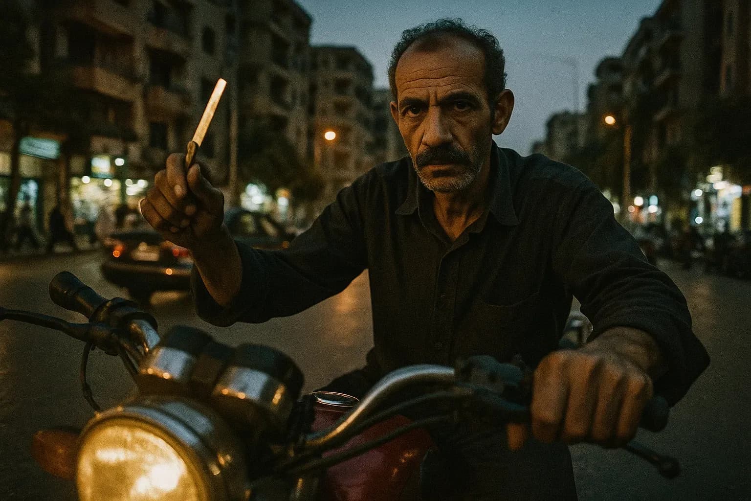 A figure resembling Mahmoud Al-Sayed sits on a motorcycle near Cairo's Maadi district, a razor blade glinting in his hand, surrounded by the bustling backdrop of the city streets