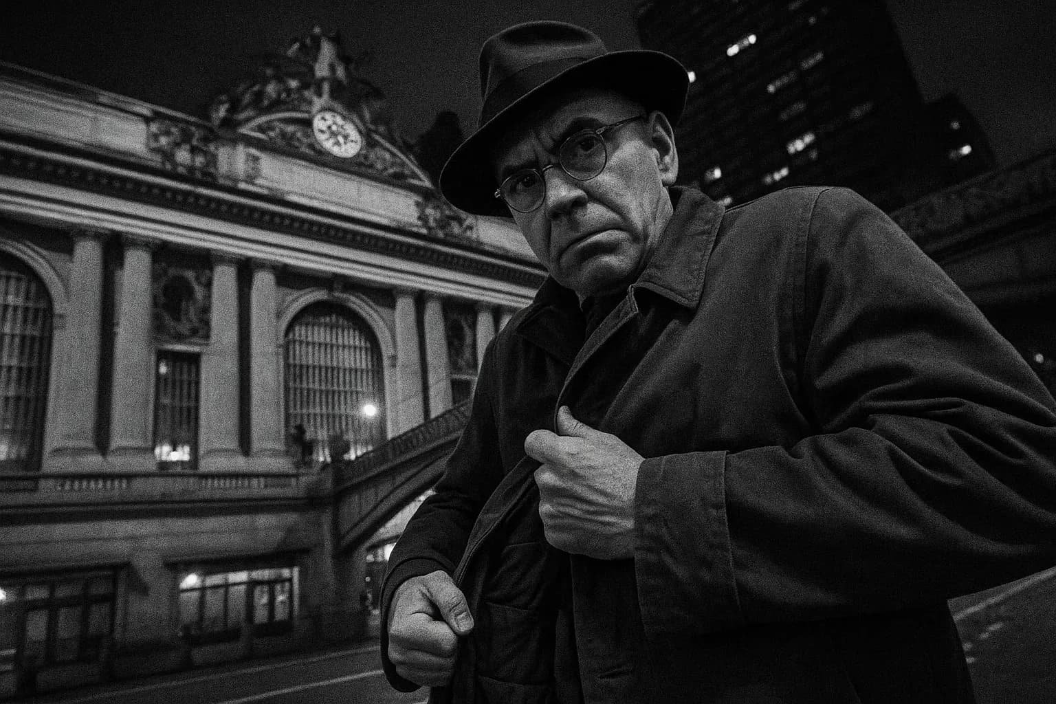 A figure resembling George Metesky in front of Grand Central Terminal in New York, surreptitiously adjusting a coat with concealed pockets.