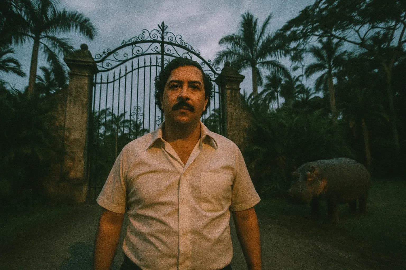 A figure resembling Pablo Escobar stands in front of an ornate gate at Hacienda Nápoles, surrounded by lush vegetation and a distant, looming hippo.