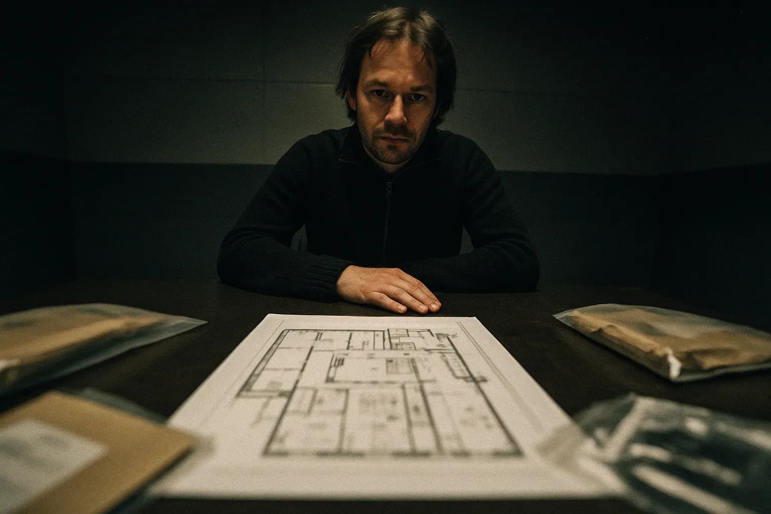 A figure resembling David Toska sits in a dimly lit interrogation room, focus on a single photograph of NOKAS building plans spread on the table, surrounded by blurred police files and evidence bags.