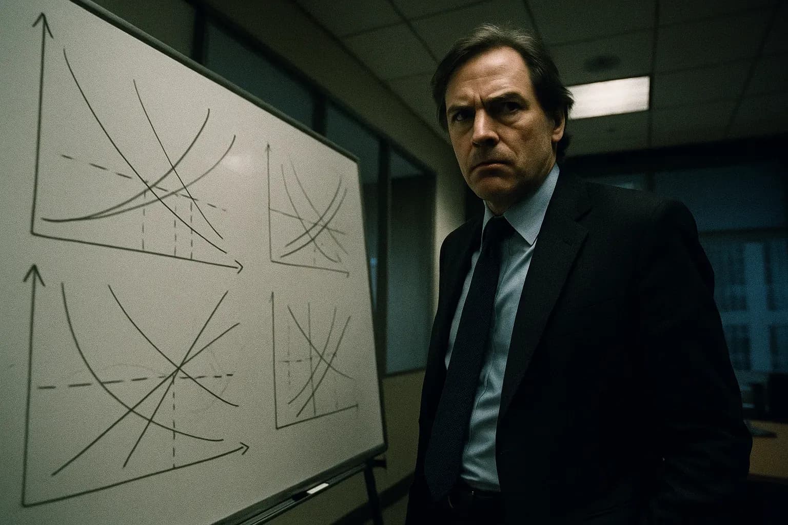 A figure resembling Michael Woodford stands beside a whiteboard filled with financial diagrams in a corporate office, a sense of tension and determination evident in his expression.