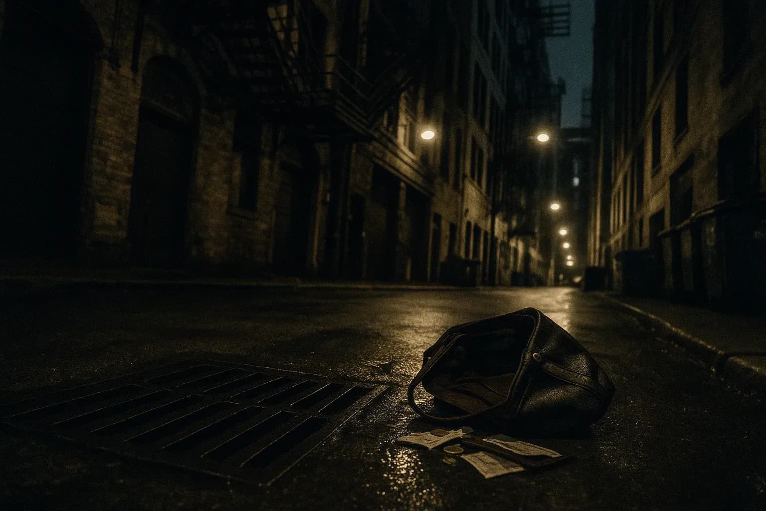 A dimly lit Chicago alleyway, a tattered purse lies abandoned beside a sewer grate, its contents partially spilled on the wet pavement.