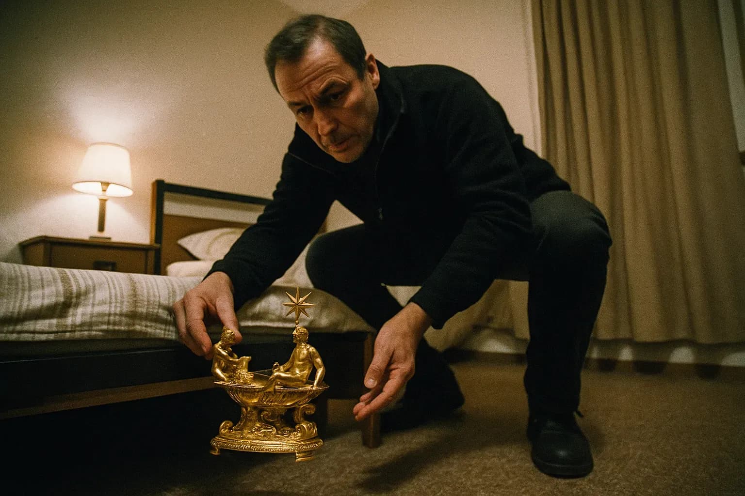 A figure resembling Robert Mang crouches beside a bed in a modest bedroom, carefully lifting the polished gold Saliera statue from beneath it.