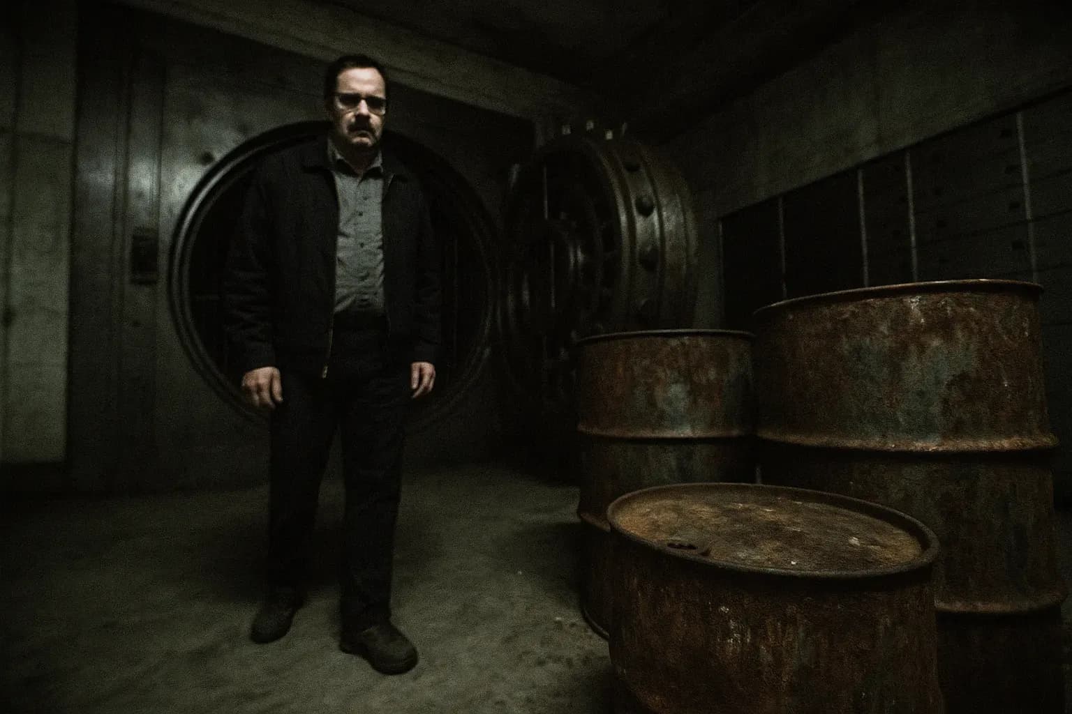 A figure resembling John Bunting stands near rusted barrels in a dimly lit, abandoned bank vault, the air heavy with the implication of hidden horrors inside.