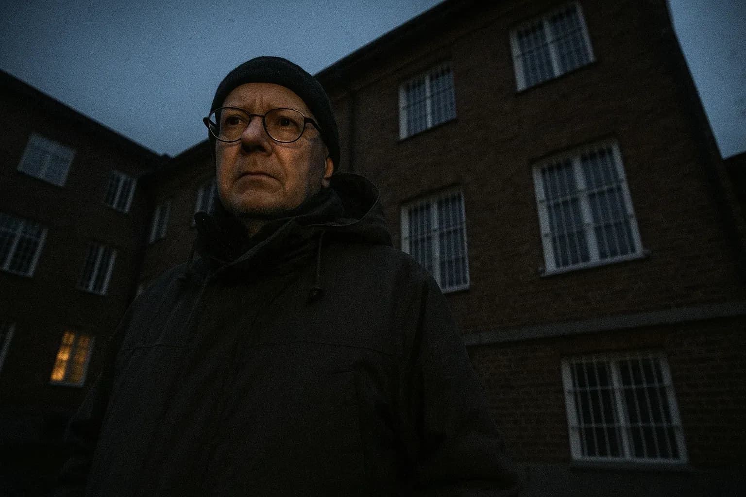 A figure resembling Sture Bergwall stands outside the Säter psychiatric hospital, wearing a winter coat, with the institution's brick facade and barred windows looming behind him