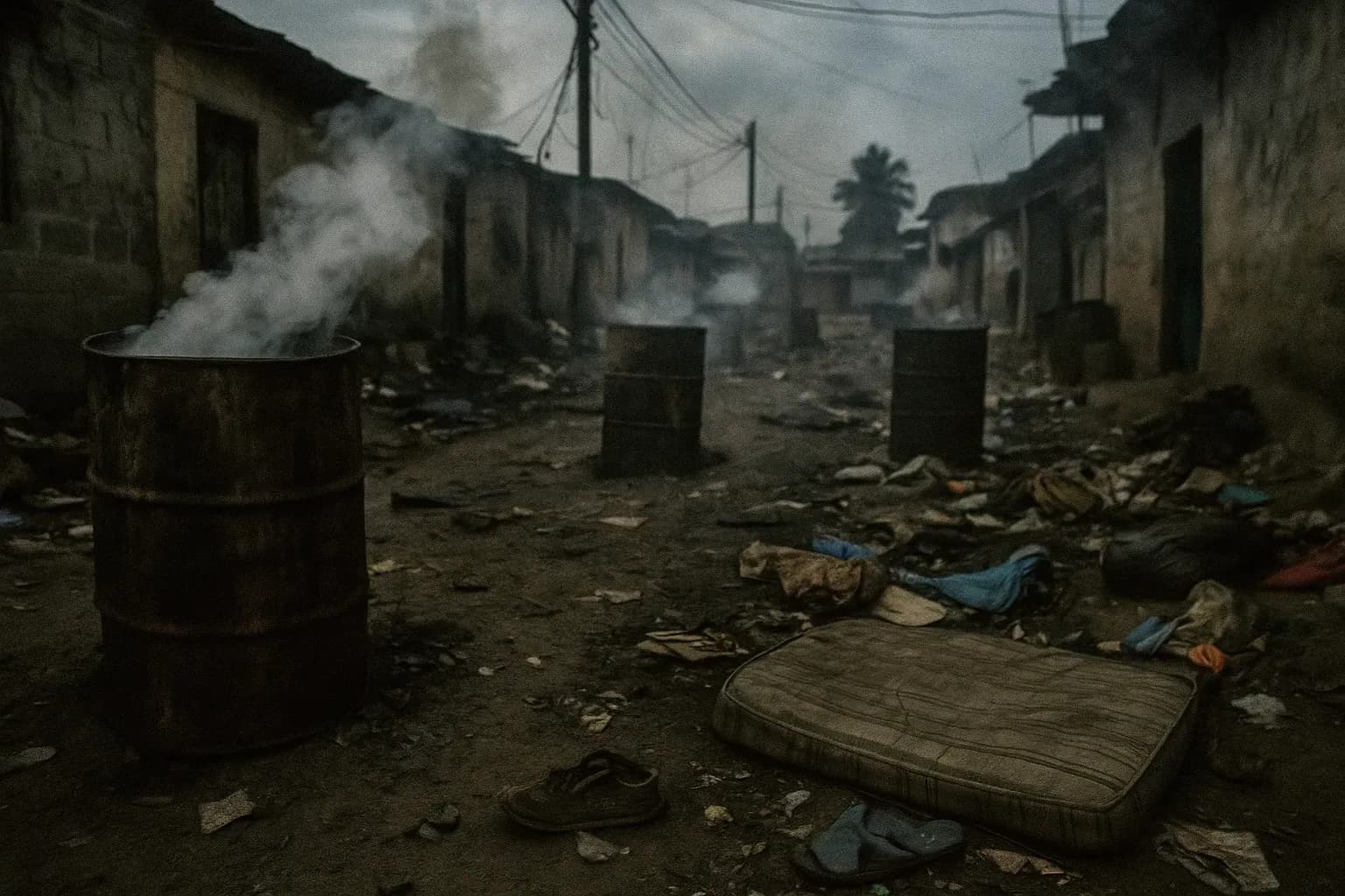 A stretch of Abidjan street, littered with toxic waste barrels, emitting fumes, amid scattered debris and abandoned personal belongings in a poor neighborhood.