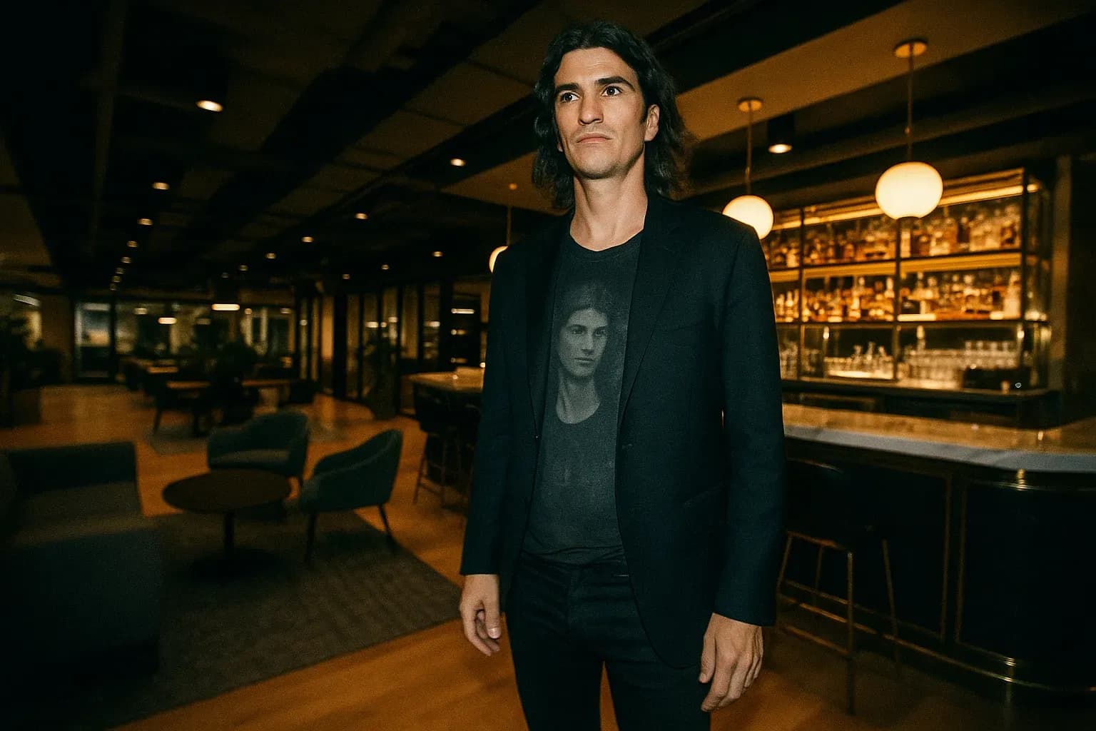 A figure resembling Adam Neumann stands in a sleek, modern co-working space with an opulent bar in the background, symbolizing the lavish lifestyle and controversial leadership that marked WeWork's rise and fall.