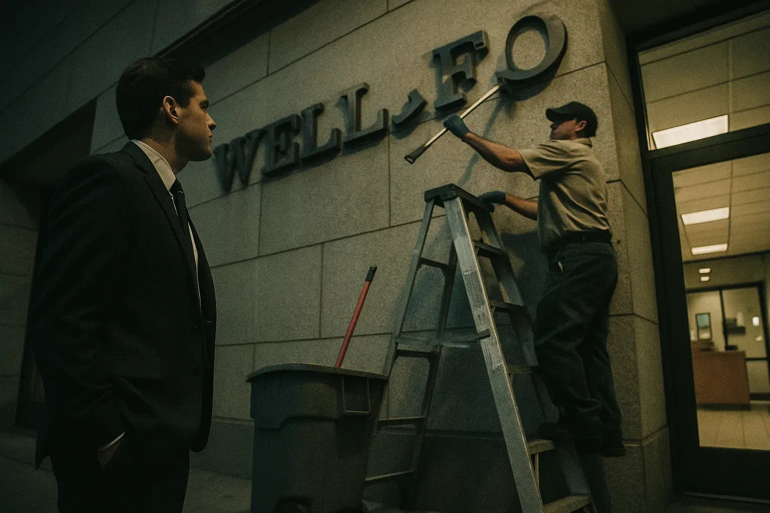 A man in a business suit waits outside a Wells Fargo branch as a janitor removes the company's sign lettering from the building after the scandal's exposure.