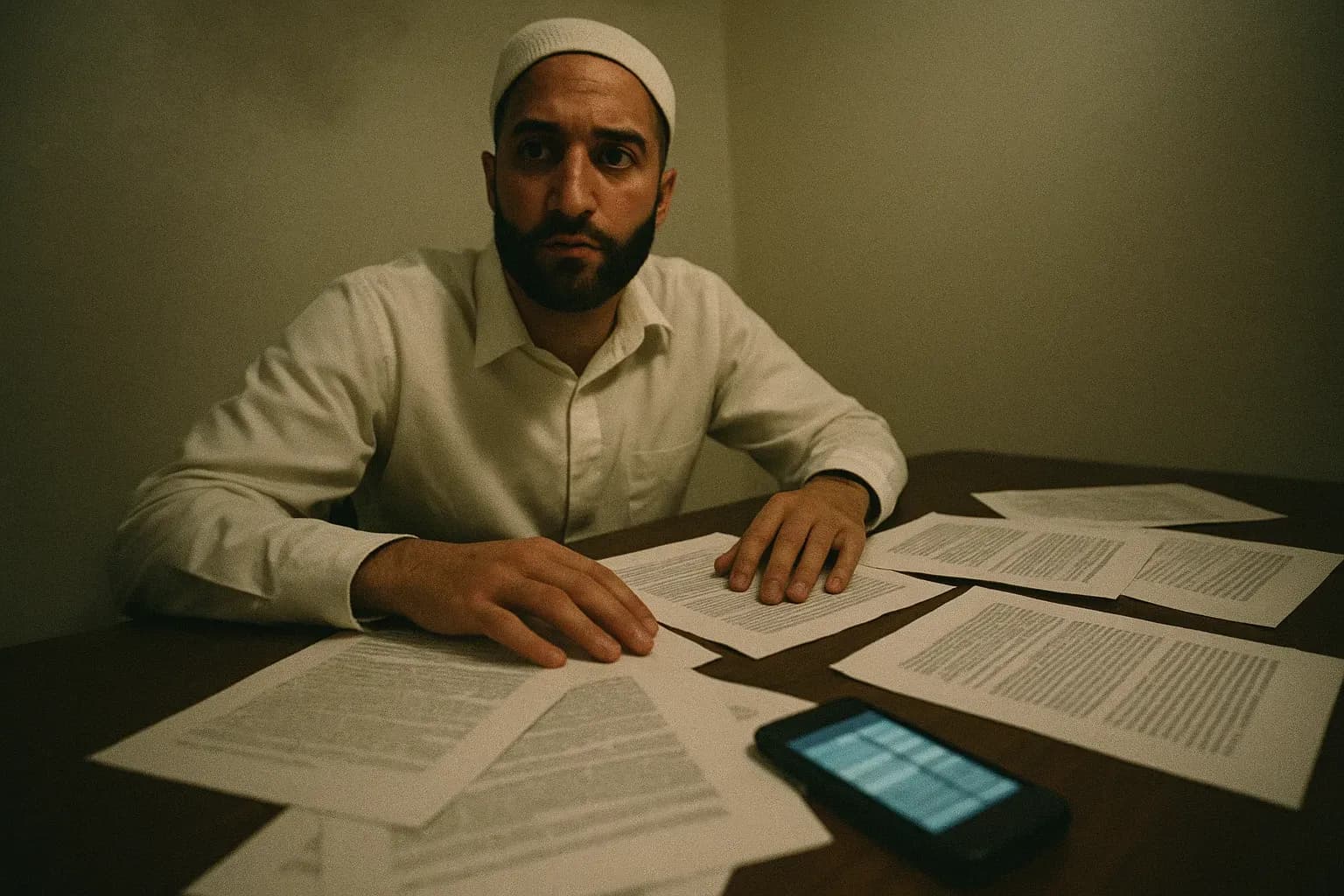 A figure resembling Adnan Syed seated at a table with legal documents scattered, a cell phone nearby highlighting the central scrutiny of cell tower data in the case