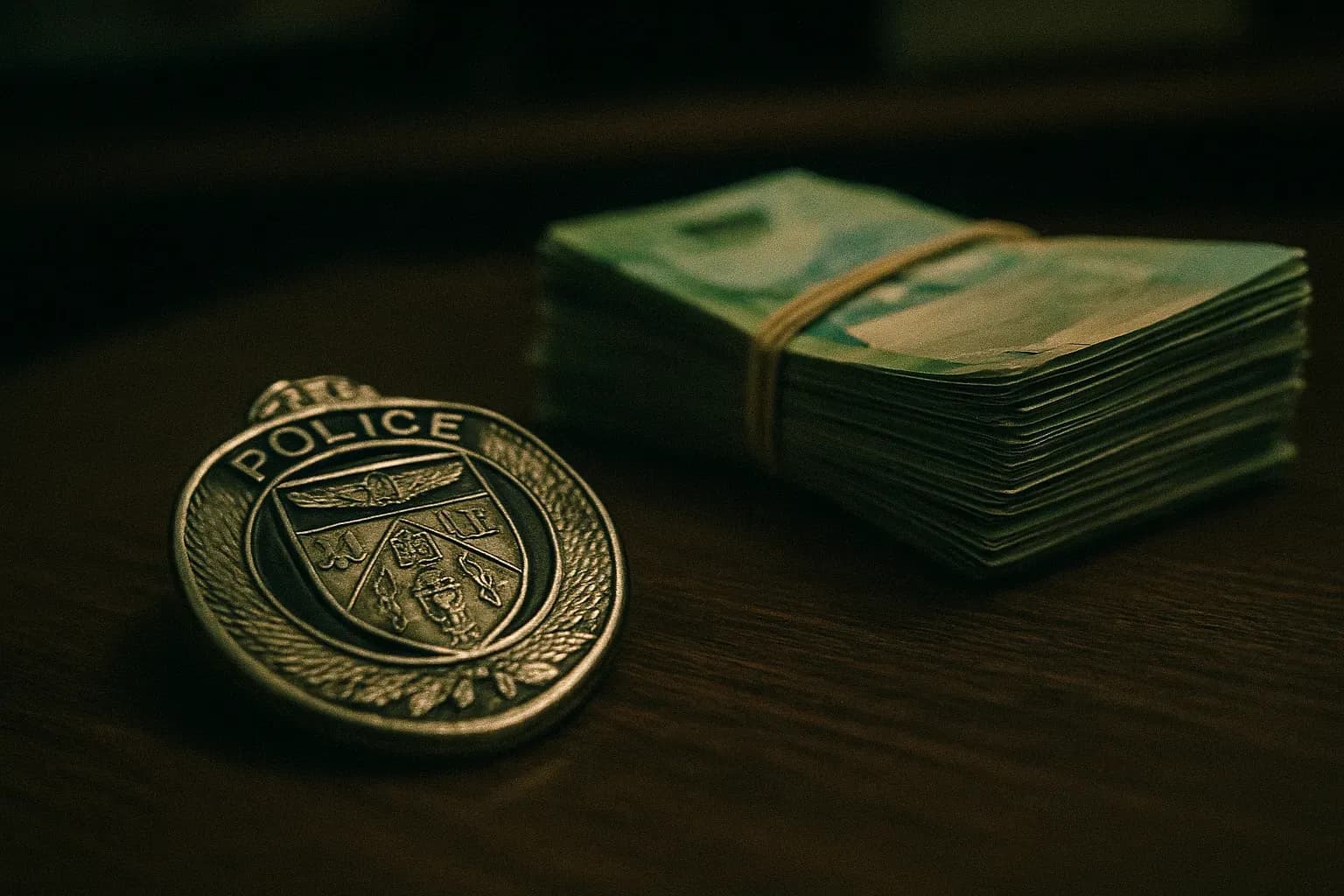 A police badge lies beside a bundle of cash on a dimly lit desk, symbolizing corruption in the Toronto drug squad scandal.