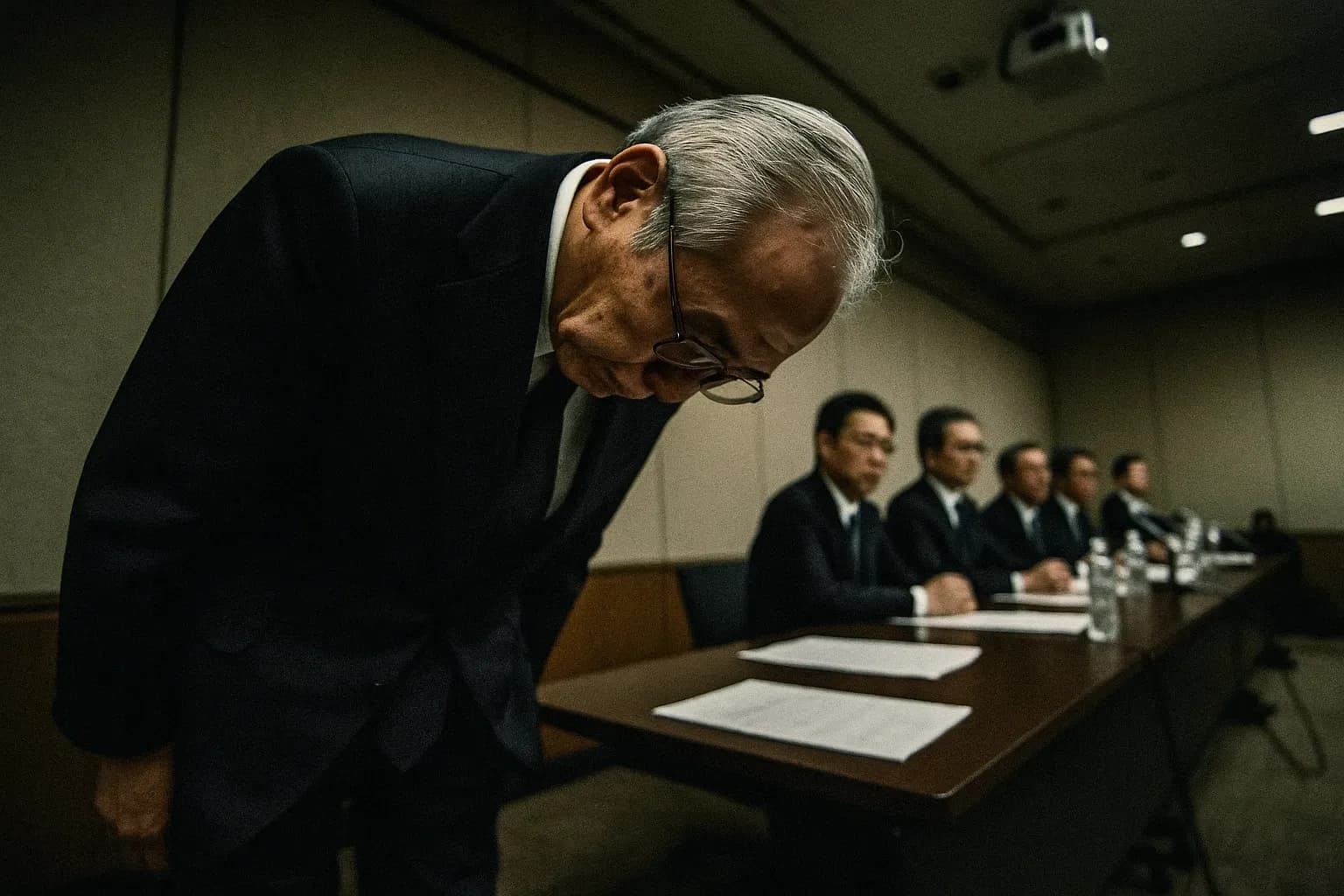 A figure resembling Toshiba's CEO bows in resignation within a corporate meeting room, a palpable expression of disgrace amid the aftermath of internal accounting fraud and the collapse of a billion-dollar giant.