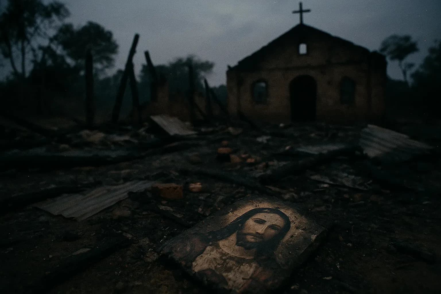 A desolate Ugandan church site, charred remnants and ash, hinting at the aftermath of a devastating fire. In the foreground, a singed religious artifact lies partially buried in the rubble, evoking the Kanungu massacre's haunting mystery.