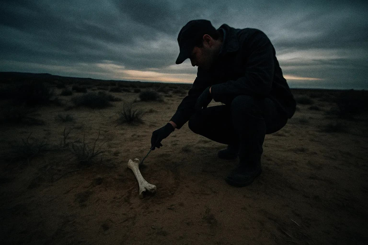 A desolate New Mexico desert landscape with a lone investigator kneeling, examining a bone fragment half-buried in the sand, symbolizing the unsolved mystery of the West Mesa Bone Collector.