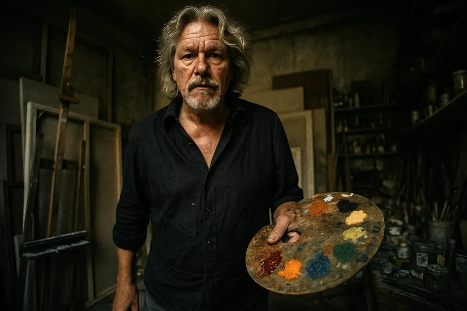 A figure resembling Wolfgang Beltracchi stands inside a cluttered workshop, surrounded by art supplies and canvases, a palette of historical pigments in hand.