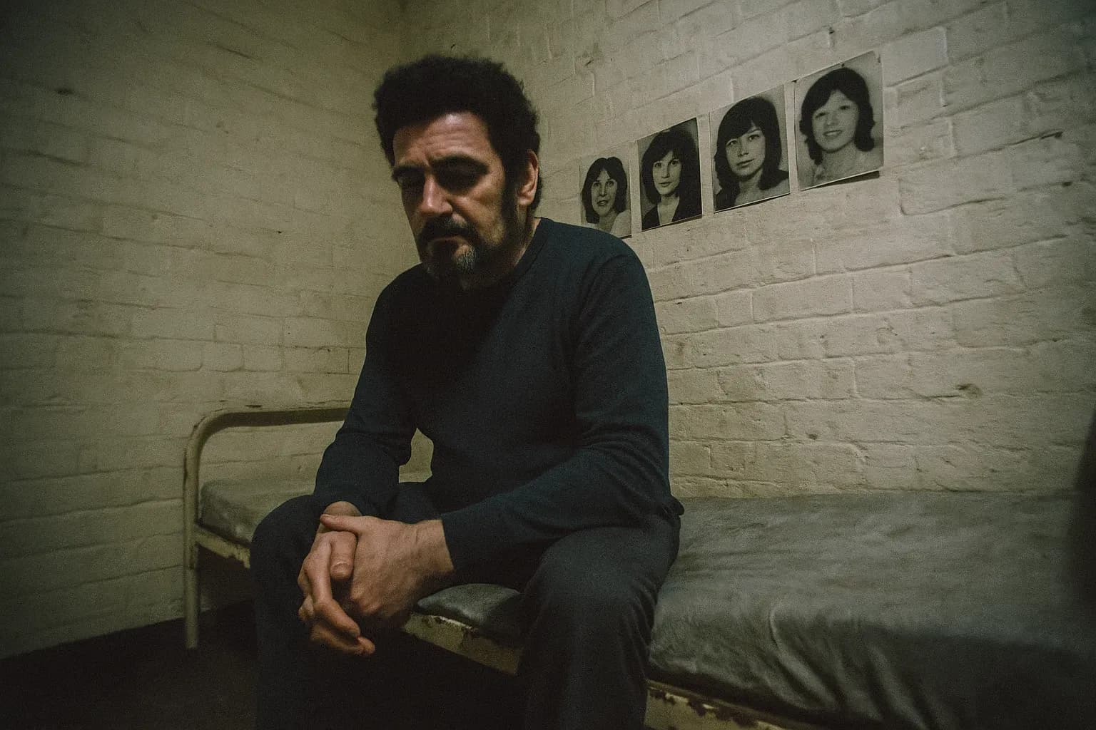 A figure resembling Peter Sutcliffe sits on a worn prison bed in Durham, faded photos of his victims pinned to the wall, symbolizing the end of his reign of terror.