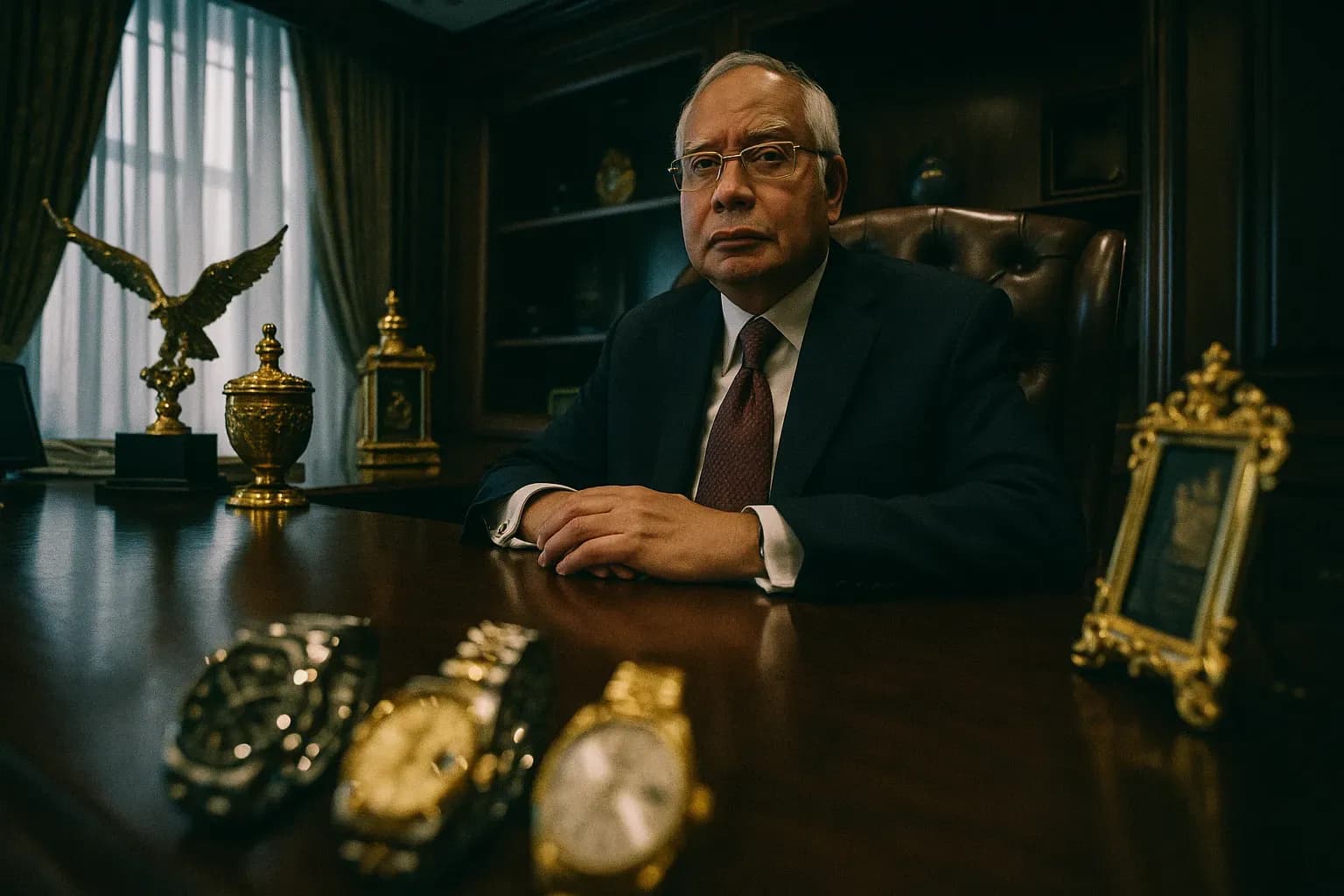 A figure resembling Najib Razak sits inside a lavish office, surrounded by opulent items like luxury watches and gold-plated ornaments, symbolizing the wealth amassed through the 1MDB scandal.