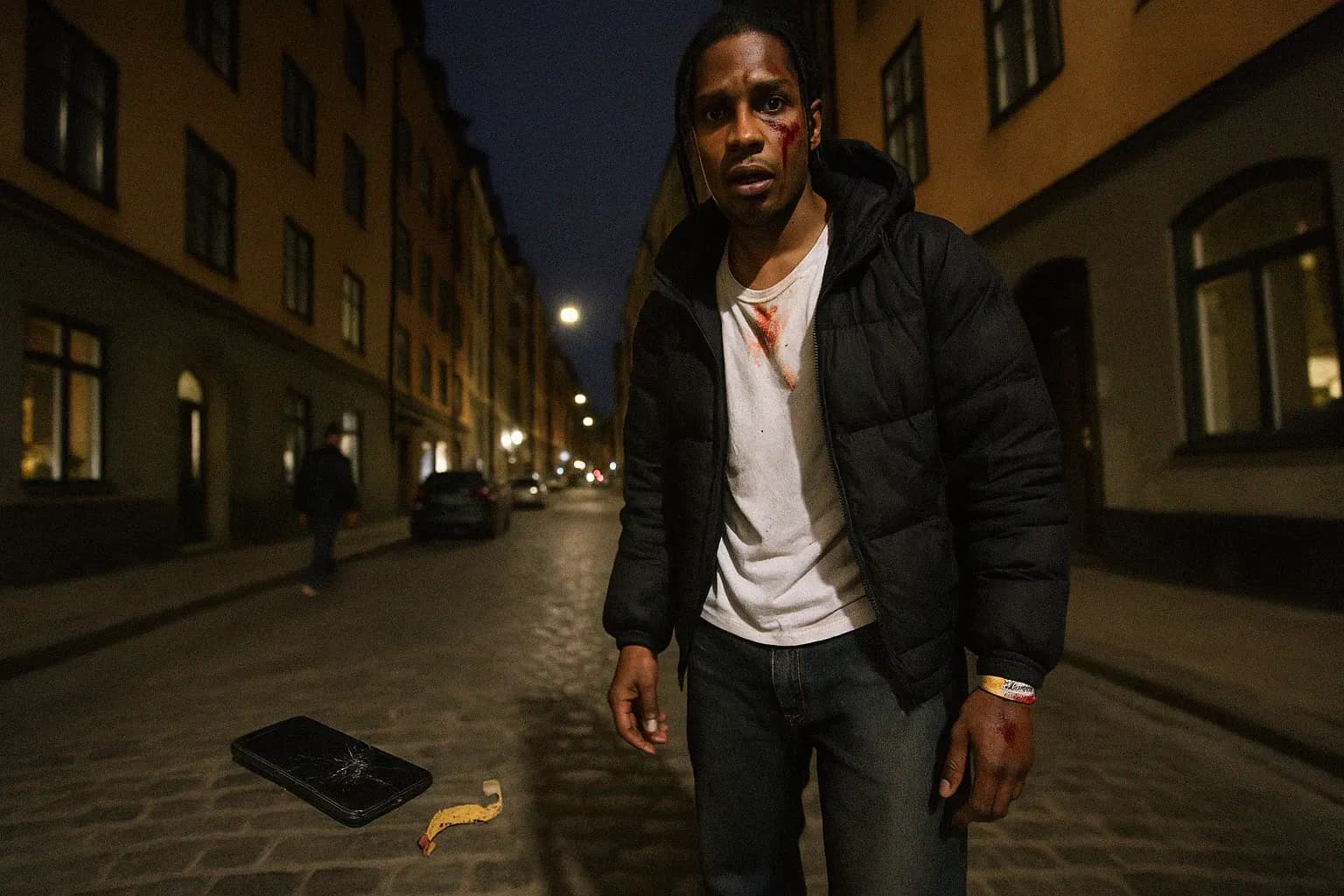 A street in Stockholm with a figure resembling ASAP Rocky, showing signs of a recent scuffle, standing near a broken cellphone on the ground alongside a cut-off festival wristband.