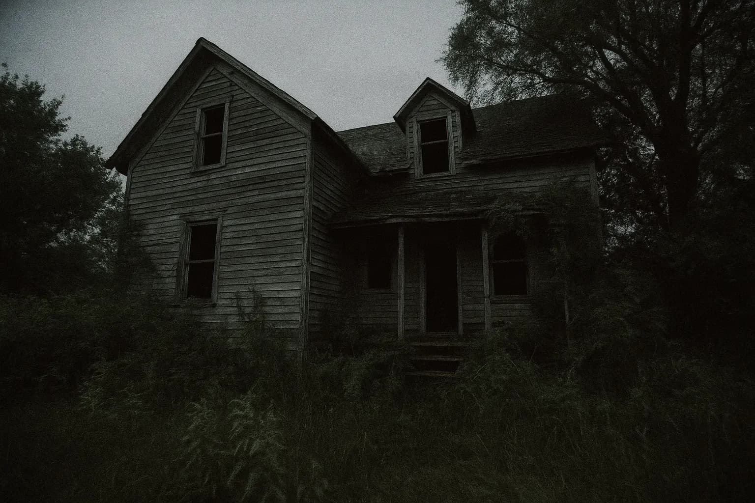 En forladt træbondegård i Plainfield, Wisconsin, dens ydre vejrbidt og uhyggeligt, omgivet af tæt, tilgroet løv.