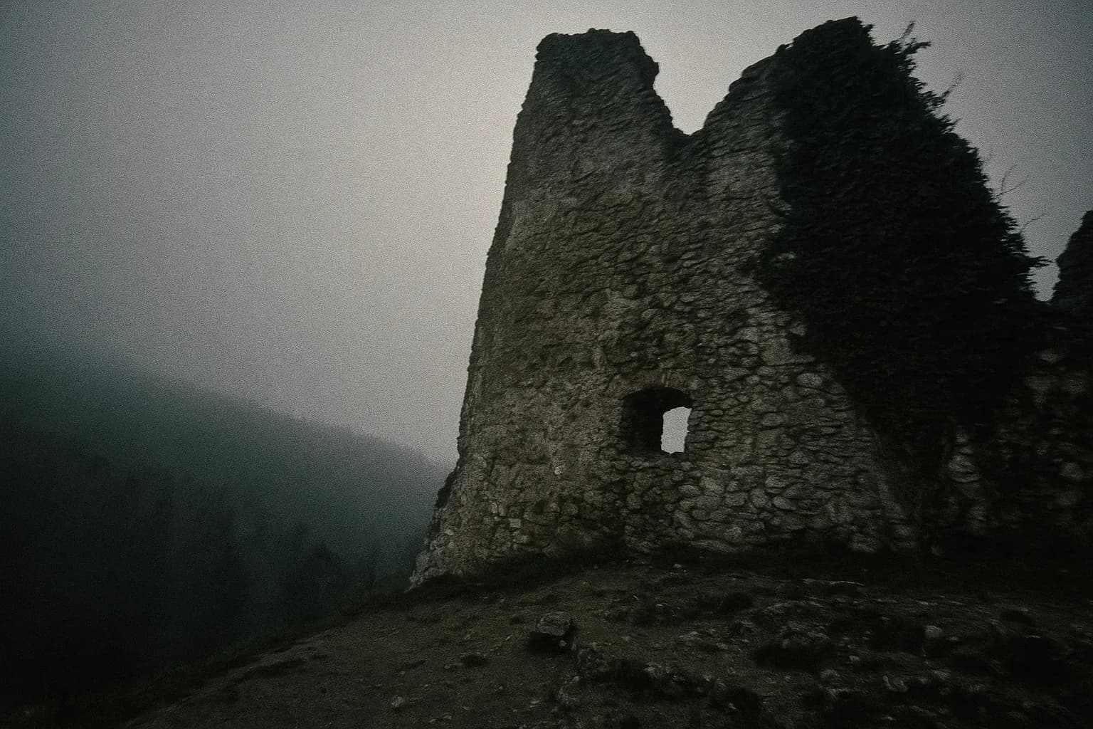 A crumbling ancient wall of Čachtice Castle, overgrown with ivy, overlooks a misty forest, evoking the eerie legend of Elizabeth Báthory as stories of her past echo through the ruins.