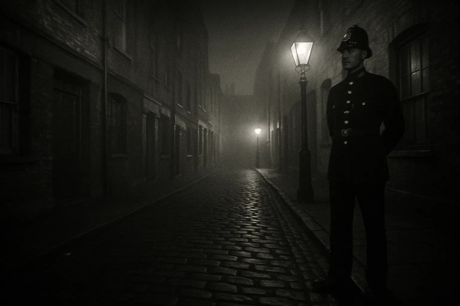 En tåget Whitechapel-gade i 1888, gaslamper kaster et uhyggeligt lys på brostenene, en konstabel fra viktoriansk tid holder vagt, hans tilstedeværelse står i kontrast til en hjemsøgelsesværdig tom gyde, hvor Jack the Ripper engang strejfede rundt.