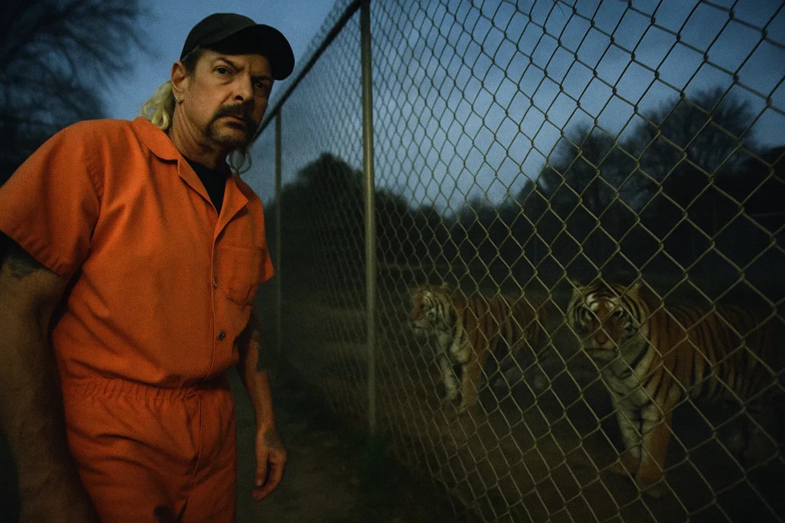 A figure resembling Joe Exotic, wearing an orange prison jumpsuit, stands beside a chain-link fence with tigers in the background, evoking themes of captivity and animal exploitation in the *Tiger King* case.