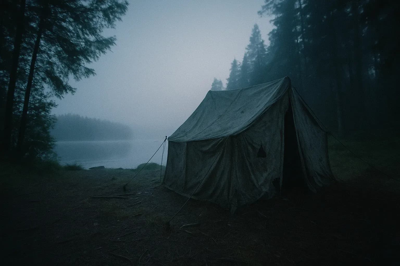 A misty view of Lake Bodom with an empty tent at the campsite, its canvas weathered and torn, surrounded by dense forest, hinting at untold stories and a chilling mystery.