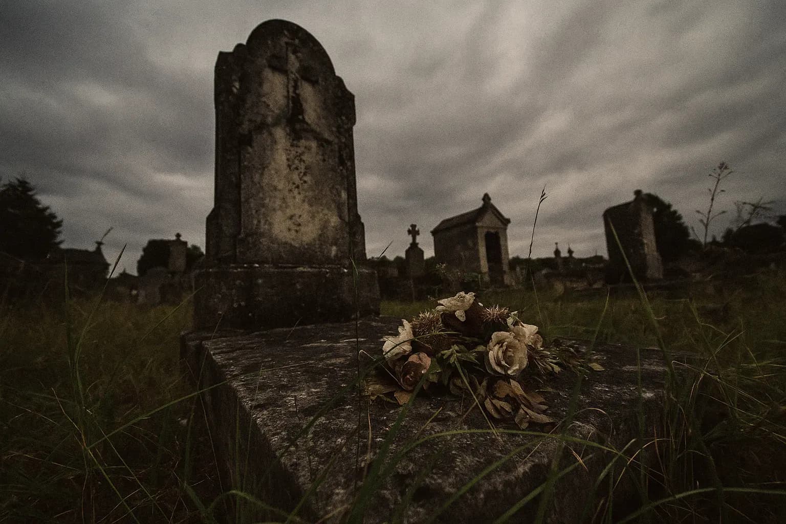 A weathered grave in Loudun, France, surrounded by overgrown grass and wilting flowers, hints at the enigma of Marie Besnard, who was accused of poisoning family members for inheritance, leaving an unsolved mystery.