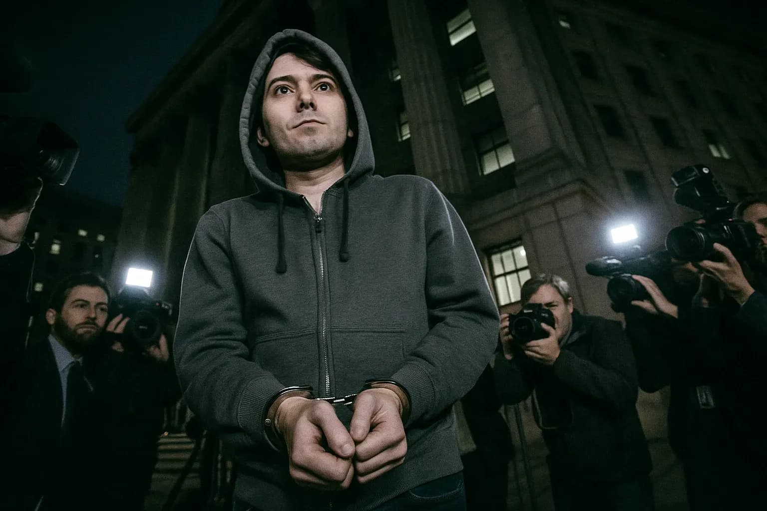 A figure resembling Martin Shkreli, wearing a hoodie and handcuffs, stands defiantly outside a federal building in Manhattan, surrounded by flashing cameras and journalists capturing the infamous 'Pharma Bro' moment