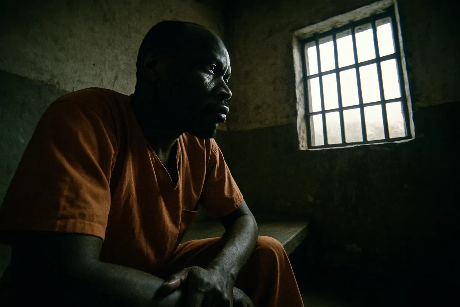 A solitary cell in Kamiti Prison with Philip Ondari Onyancha, a figure resembling him gazes pensively at the barred window, shadows casting across his face, symbolizing the complex psyche of Kenya's notorious serial killer and cult member