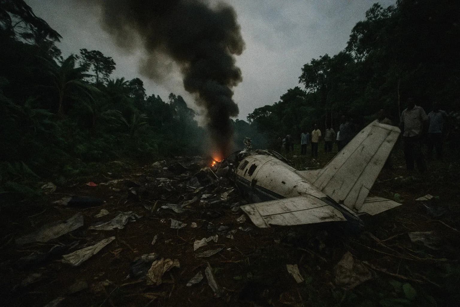 A plume of smoke rises above the wreckage of a plane crash in Rwanda, marking the beginning of a genocide; scattered debris, dense foliage, and onlookers in distant shock.