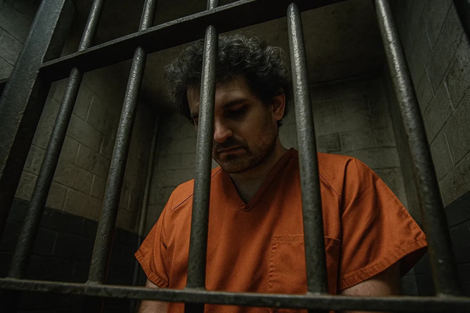 A figure resembling Sam Bankman-Fried in a prison jumpsuit, looking down with a somber expression through the bars of a cell in a federal prison, signifying conviction for the FTX fraud case.