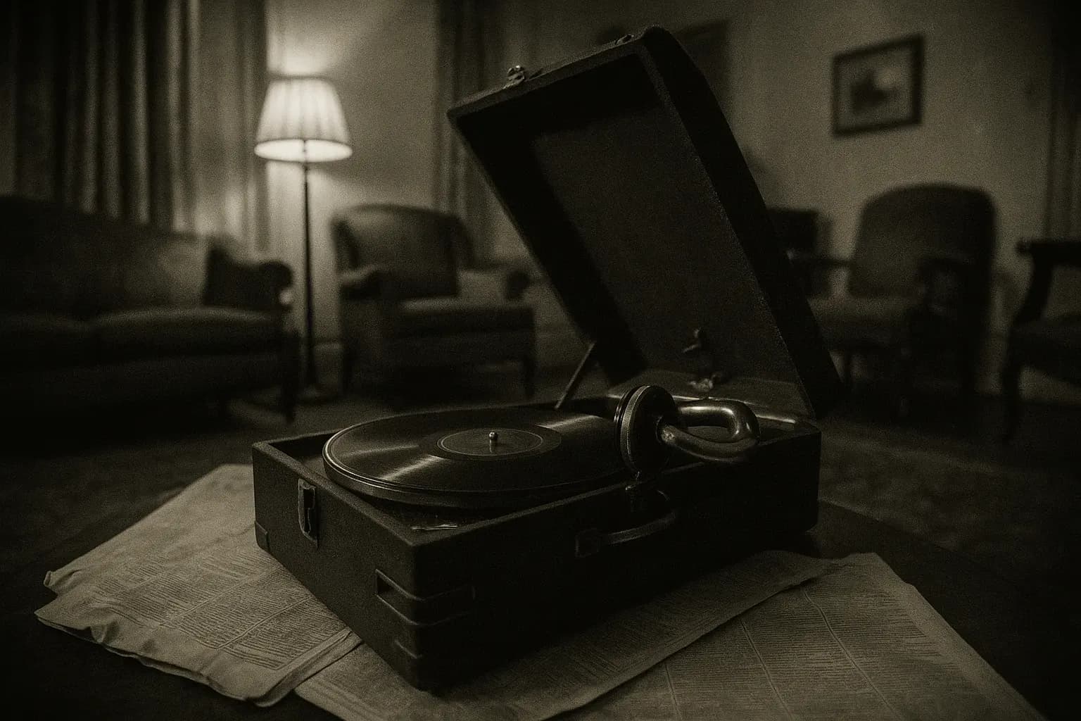 An old jazz record player sits in a dimly lit New Orleans living room, its needle resting on a silent vinyl, surrounded by vintage furniture and scattered newspapers from 1919.