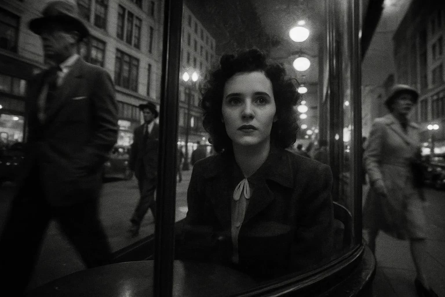 A figure resembling Elizabeth Short gazes out from a café window along a bustling Los Angeles street in 1947, surrounded by people unknowingly passing a future icon of unsolved mystery and intrigue