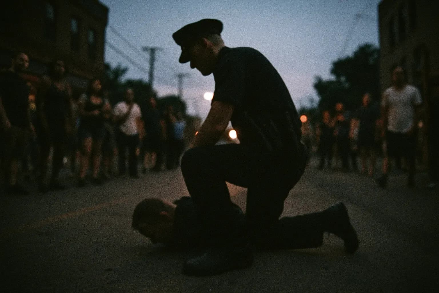 A figure resembling Derek Chauvin kneels on a Minneapolis street, a silhouette of a police officer in uniform captured in a tense, public moment, drawing a crowd of concerned, partially visible onlookers