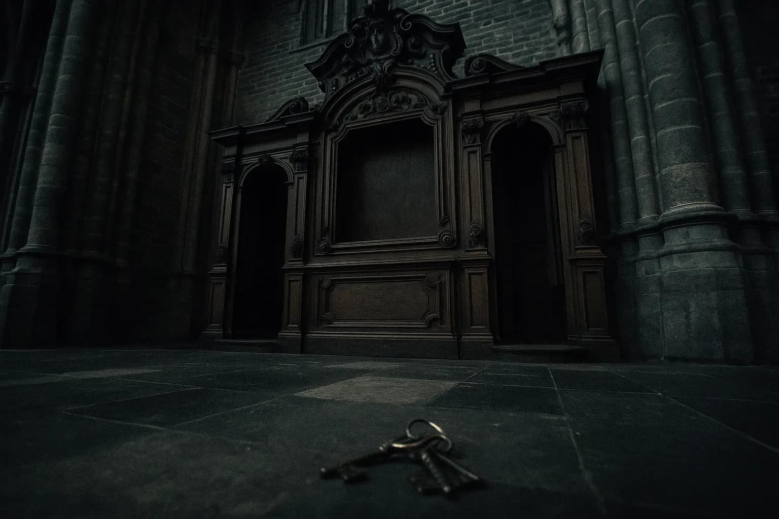 A wooden confessional inside Saint Bavo's Cathedral in Ghent, with an intricately carved panel missing, where "The Just Judges" once hung, and a set of dusty keys discarded on the floor nearby