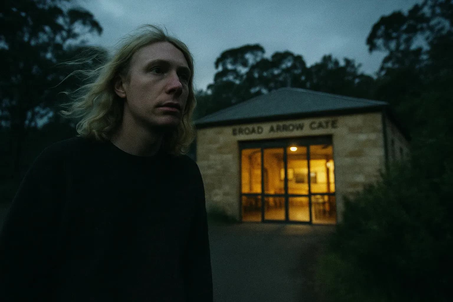 A figure resembling Martin Bryant stands outside the Broad Arrow Café in Port Arthur, Tasmania, a light breeze rustling nearby bushes, as the peaceful setting belies the tragedy that unfolded within its walls.