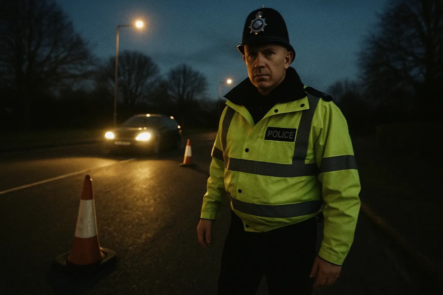 A figure resembling Wayne Couzens stands in a police uniform at a roadside checkpoint under the guise of enforcing COVID-19 regulations, symbolizing the abuse of power in Sarah Everard's abduction.