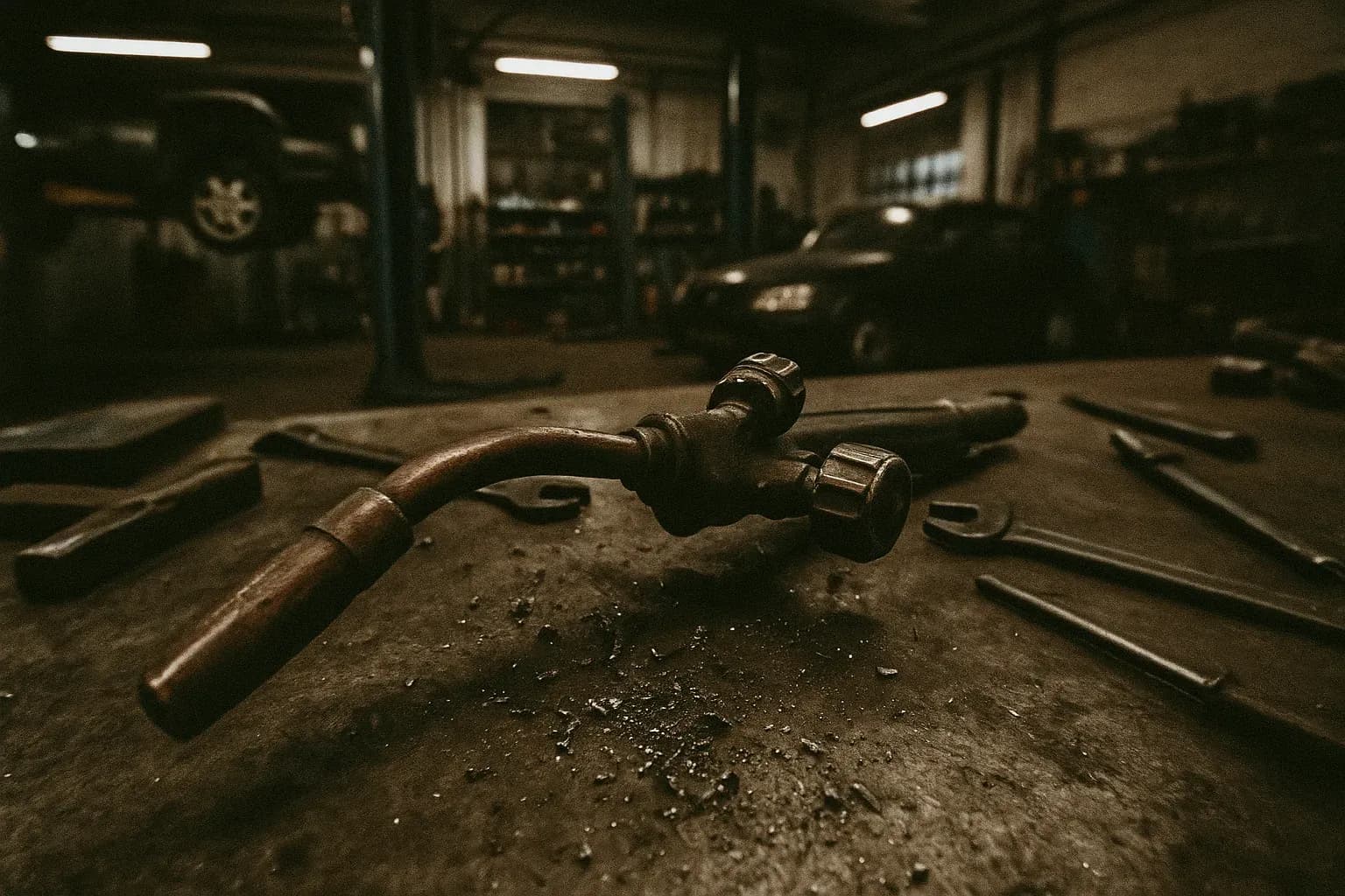 A welding torch rests on a workbench inside an auto repair shop in Berlin, surrounded by scattered tools and metal shavings, hinting at the meticulous preparation for a daring bank heist by the Sass brothers.