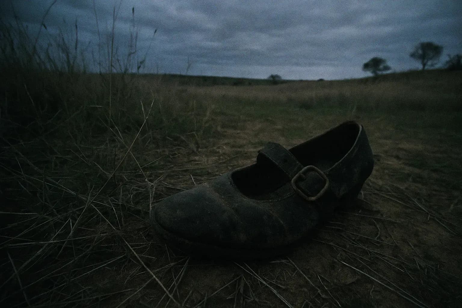 A remote South Australian field, remnants of a single shoe partially buried and weathered, alluding to the tragic fate of Veronica Knight, a victim of Worrell and Miller in the Truro Murders.