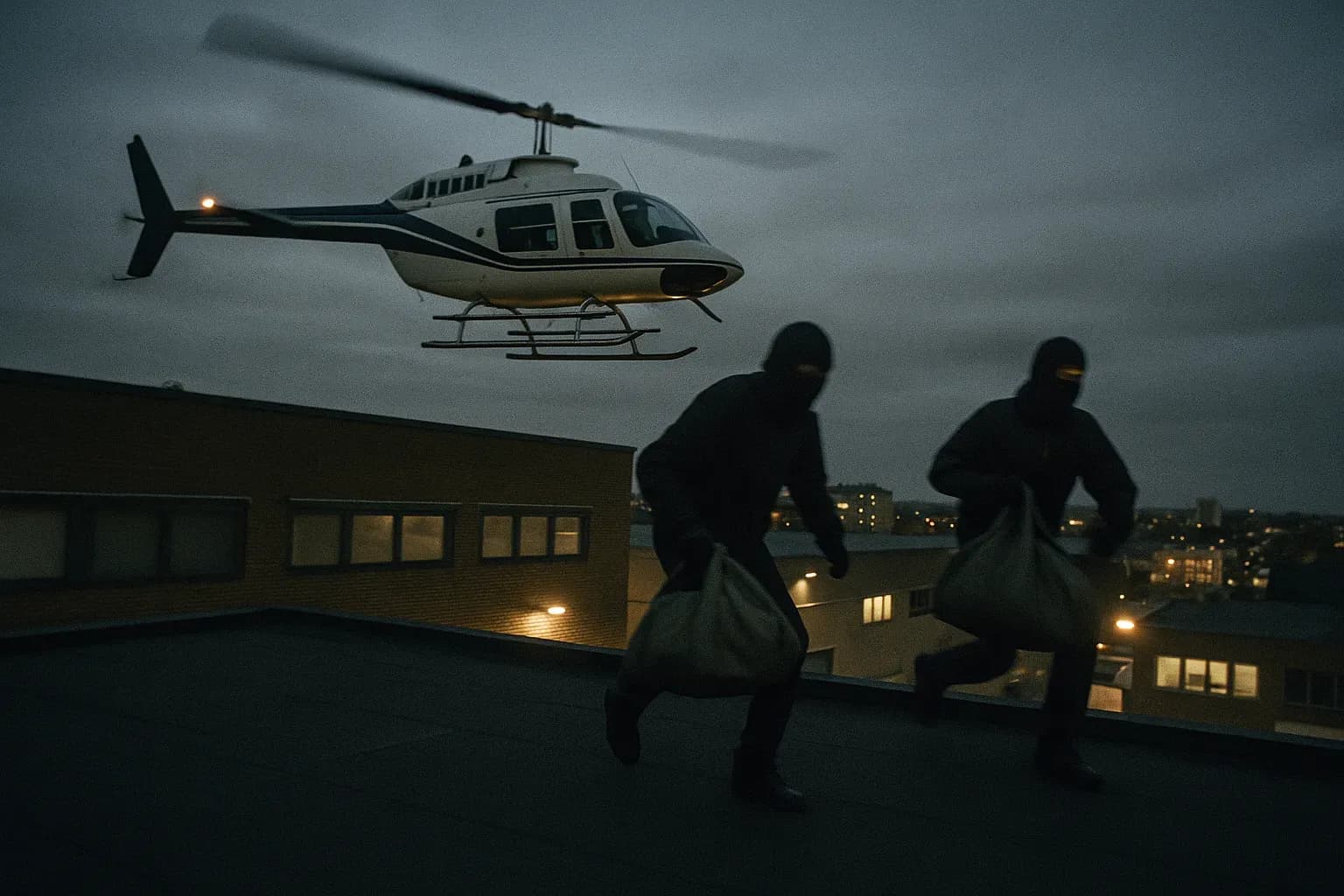A Bell 206 Jet Ranger helicopter hovers above the roof of the G4S depot in Västberga, Sweden, as masked figures carry out sacks of cash, the cityscape visible in the dim distance.