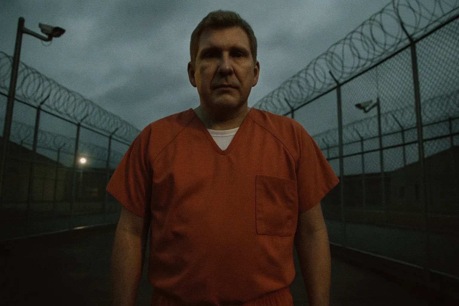 A figure resembling Todd Chrisley stands in a prison courtyard, wearing an inmate uniform, surrounded by high fences and surveillance cameras, symbolizing the fall from TV glamour to incarceration for multimillion-dollar fraud.