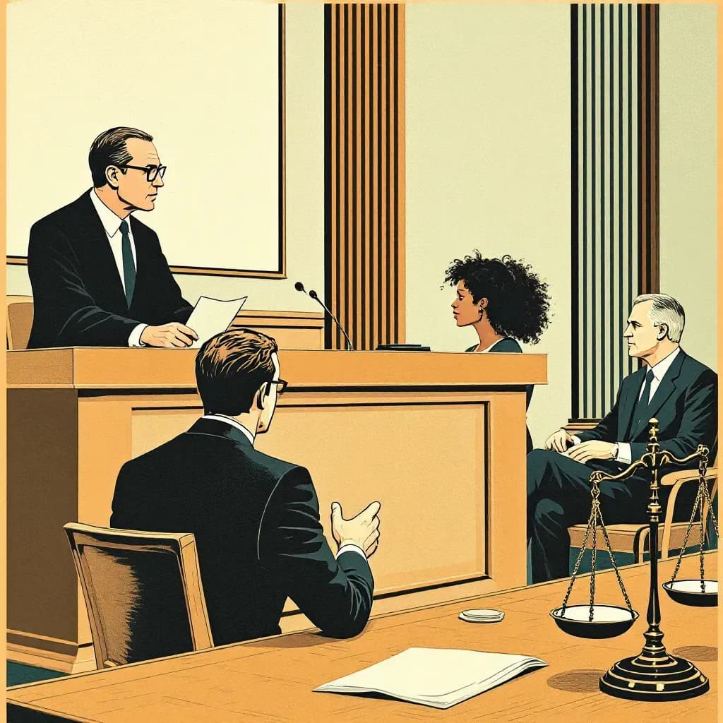 A courtroom scene showing a judge, a prosecutor, and a defense attorney; a podium with legal documents; scales of justice symbolizing the formal accusation process and the pressure on the accused.